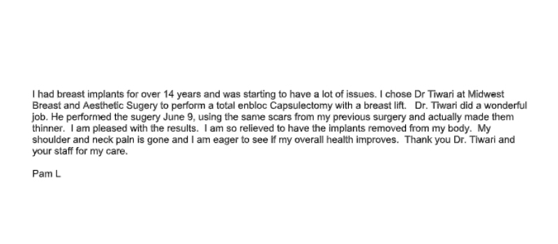 A Testimonial from patient 633 that underwent procedure at Midwest Breast & Aesthetic Surgery